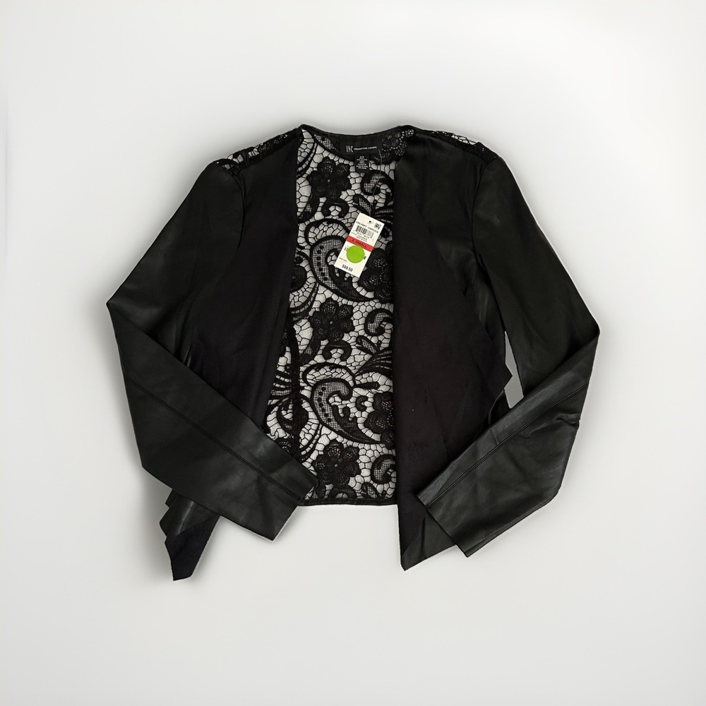 INC Black Faux Leather Lace Accent Jacket XS Dreamy Garden 72003M899 NWT